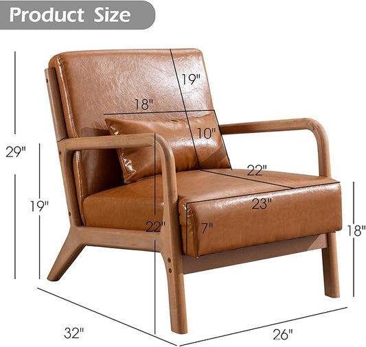 Accent Chair Mid Century Modern Chair PU Leather Living Room Chairs with Solid Wood Frame Comfy Upholstered and Lumbar Pillow Reading Side Chair Easy Assembly for Living Room, PU Brown