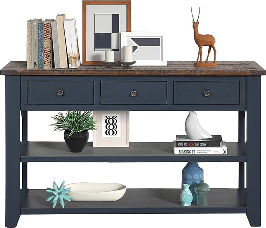 LKTART Solid Wood Console Table Sofa Table with Storage Drawers and Bottom Shelf Entryway Table for Entry Hallway Foyer Sofa Couch Table Easy Assembled (48.8" Blue)