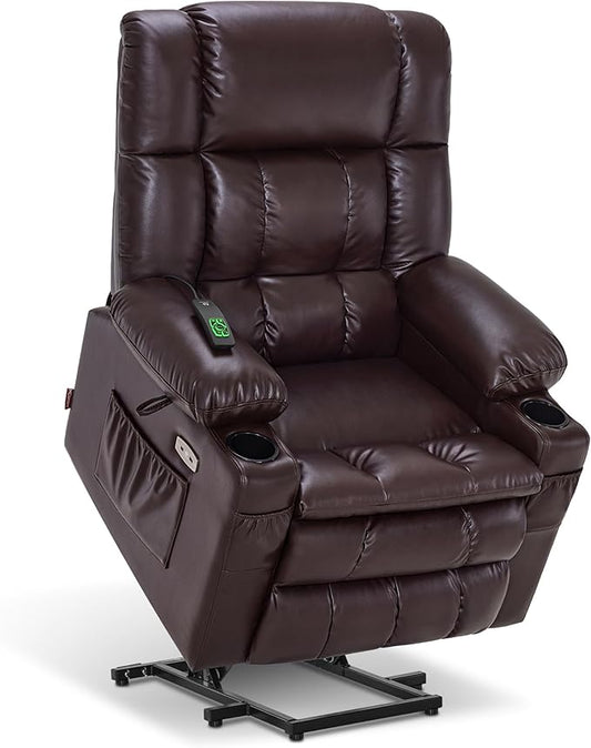MCombo Dual Motor Power Lift Recliner Chair for Elderly, Lay Flat Lift Chair with Heat and Massage, Cup Holders, USB Ports, Faux Leather 7890 (Dark Brown, Medium)