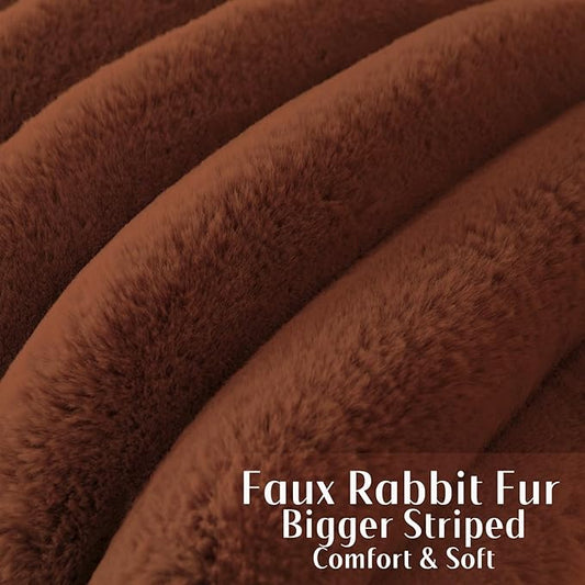 FUTEI Rust Decorative Throw Pillow Covers 26x26 Inch Set of 2, Square Soft Faux Rabbit Fur Big Striped Pillow Sham,Home Decor for Couch Sofa Bed Living Room