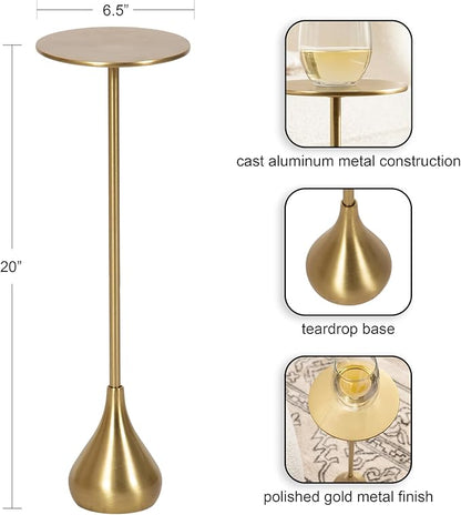 Kate and Laurel Hersi Decorative Modern Pedestal Drink Table; 7 x 7 x 20; Gold; Cast Aluminum Mini Table with Teardrop Base for Use as Small Plant Stand or Living Room Martini Table