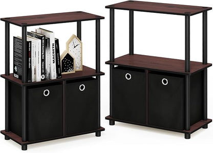 Furinno Go Green 3-Tier 2-Bins Multipurpose Storage Shelf, 2-Pack, Dark Cherry/Black