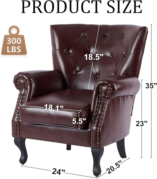 Modern Accent Chair Set of 2, Mid-Century PU Leather Armchair with Solid Wood Legs, Single Sofa Chair for Living Room, Bedroom, Leisure Room, or Reading Room(Reddish Brown)