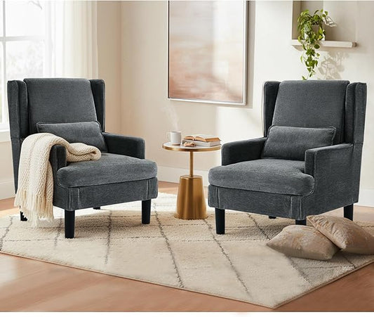 Accent Chair for Living Room Chairs Upholstered Oversized Reading Chair Armchair Accent Chairs Set of 2 Living Room Chair with High Back and Wood Legs,Arm Chair Comfy Chair for Bedroom(Dark Grey)