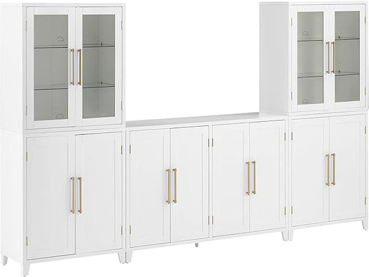 Crosley Furniture Roarke 3-Piece Modern Glass Door Sideboard Buffet Cabinet and Kitchen Storage Pantry Set, White