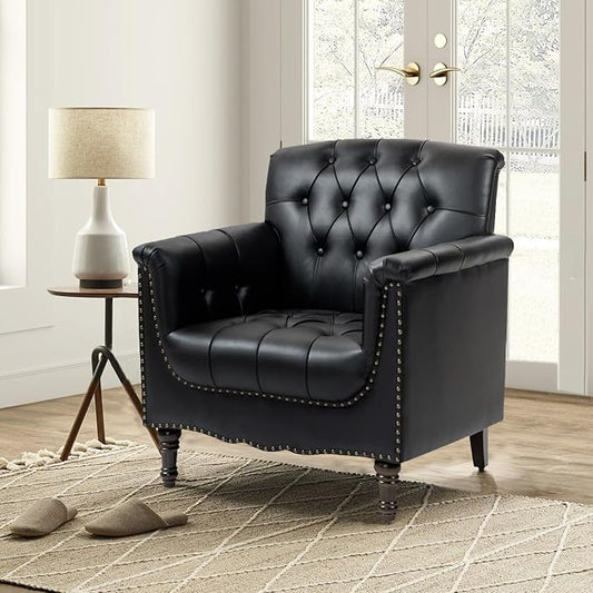 Faux Leather Accent Chair, PU Leather Modern Comfy Upholstered Armchair with Wood Legs & Nailhead Trim for Living Room, Bedroom (Black,Set of 1)