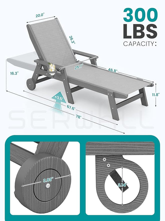SERWALL Textilene Patio Chaise Lounge Chair Set of 2, 5 Positions Outdoor Lounger with Rolling Wheels for Pool, Deck, Grey