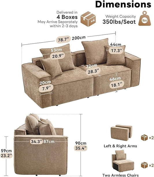 WILLOVE Modular Sectional Sofa Set, Chenille Cloud Couch with Wide Armrests & 8 Pillows, Deep Seat Couches for Living Room, 4-Seater Khaki