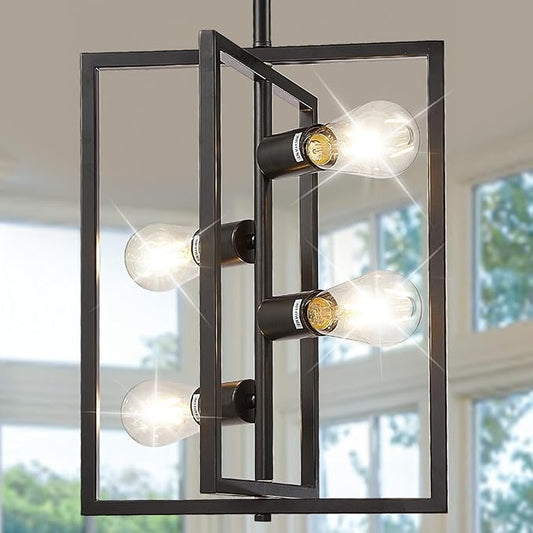 Black Chandelier Light Fixture Modern: 4-Light Farmhouse Kitchen Island Lighting, Geometric Dining Room Light Fixtures, Rustic Industrial Entryway Pendant Lights, for Living Room, Bedroom, Foyer