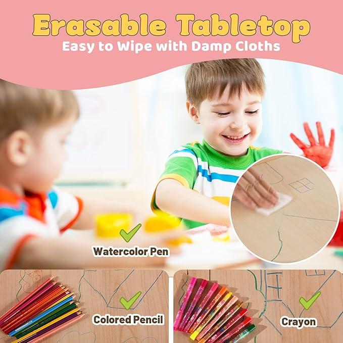 FUNLIO Kids Table and 2 Chairs Set, Height Adjustable Toddler Table and Chair Set for Ages 3-8, Easy to Wipe Arts & Crafts Table, for Classrooms/Daycares/Homes, CPC & CE Approved (3pcs Set) - Pink