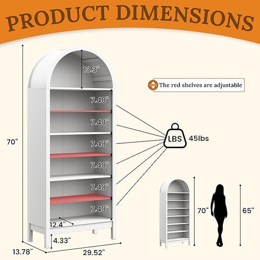 Shoe Cabinet, 70" Tall Arched Shoe Rack with 3 Adjustable Shelves, 7-Tier Large Freestanding Shoe Storage Organizer for Entryway, Closet, Hallway, Living Room