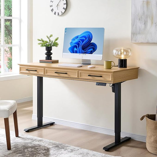 55x22 Inch Electric Standing Desk with One-Piece Desktop, Adjustable Height Computer Desk w/3 Storage Drawers & Power Outlets,Sit to Stand Up,Gaming Table for Home Office and Study, Natural Oak
