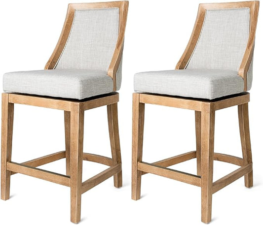 Maven Lane Vienna Counter Stools 26 Inches – Set of 2 – Swivel Stools with Footrests – Brown Solid Wood and Natural Fabric Upholstery – Ideal for Kitchen Islands and Counters