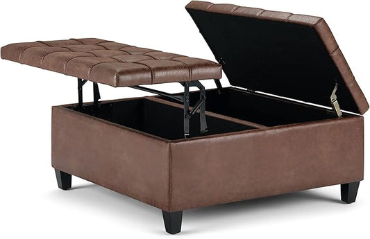 SIMPLIHOME Harrison 36 inch Wide Transitional Square Coffee Table Storage Ottoman in Distressed Umber Brown Vegan Faux Leather, Assembled, For the Living Room and Bedroom