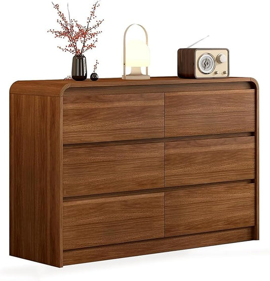 47 Inch Dresser For Bedroom 6 Drawer Wood Chest of Drawers - Curved Anti Collision, Mid Century Dresser For Closet with Natural Texture & Pre-Embedded Slots for TV Stand, Living Room, Nursery