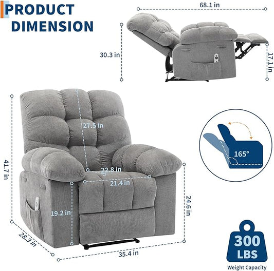 Recliner Rocking Chair with Massage and Heat, Wide Overstuffed Ergonomic Fabric Recliner with Breathable Upholstery, 2 Side Pockets & Remote Control for Living Room or Bedroom