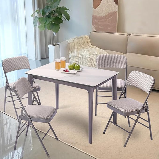4 Pack Folding Chairs with PU Padded Cushion and Back, Commercial Grade Metal Chairs with Comfortable PU Leather Cushion for Home and Office, for Indoor and Outdoor Events (4, White-Fabric)