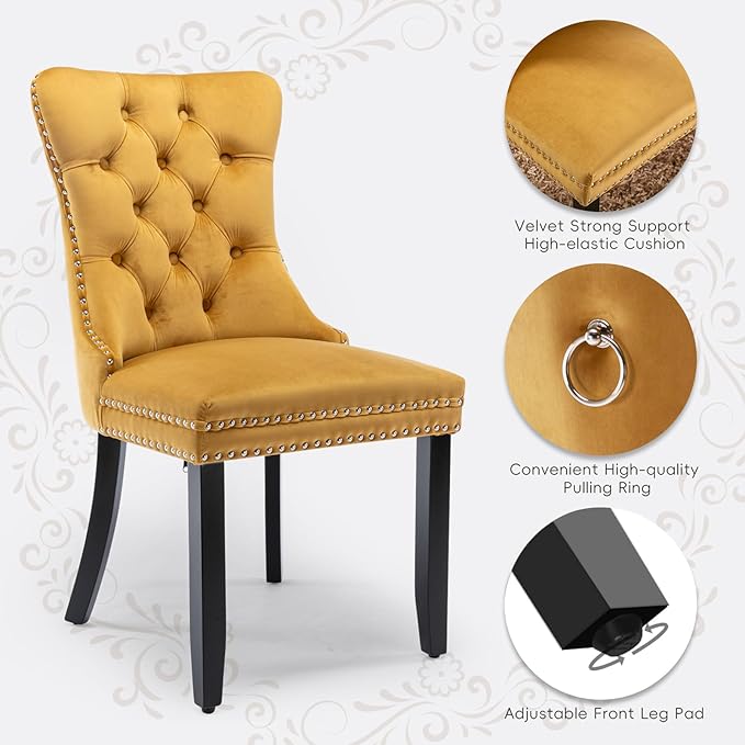 Velvet Upholstered Dining Chairs Set of 2, Modern Style Kitchen Side Chairs with Nailhead Trim and Wood Legs,Metal Pulling Ring for Dining Room Living Room(Gold)