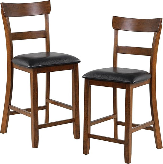 COSTWAY Counter Height Bar Stools Set of 2, 25.5 Inch Mid Century Modern Wooden High-top Chairs with Backrest, Rubber Wood Legs, Faux Leather Seat, Farmhouse Barstools for Kitchen Island, Pubs