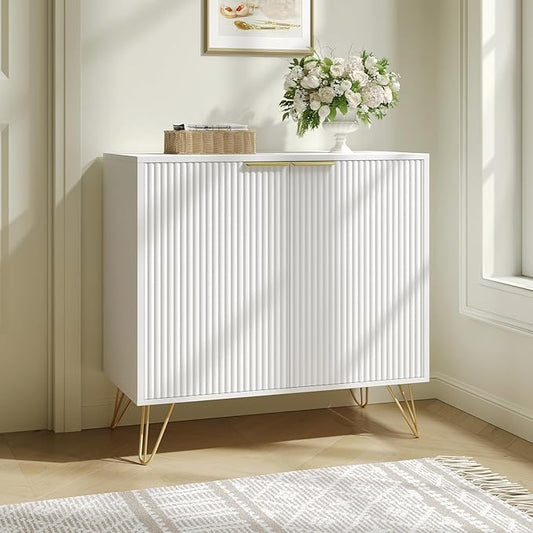 Fluted Storage Cabinet, 2 Doors Sideboard Buffet Cabinet, Modern Wood Accent Cabinet with Adjustable Shelves, Console Table for Living Room, Hallway, Entryway, White