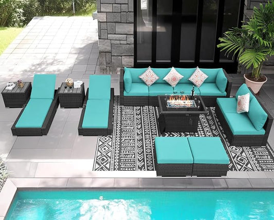 NICESOUL 13 Piece Outdoor Furniture Sets with Firepit and Lounge Chairs, Overszied Large Sectional L Shaped Patio Couch with Chaise, All Weather Wicker Texture Deck Seating Group for 10, Gray&Teal