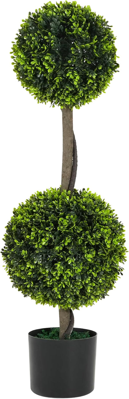 Christopher Knight Home Alene Set of 2 34''H Pre-Potted Artificial Tree Indoor, Artificial Topiary Boxwood Tree Double Ball with Pot, Faux Tree with Natural Wood Trunk with Black Plastic Pot, Green