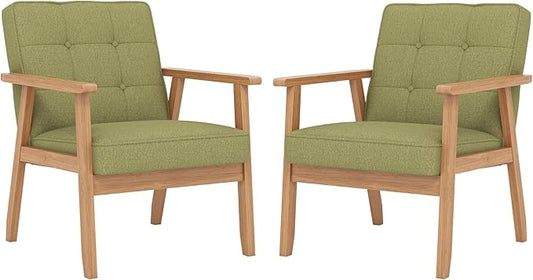 KCC Mid-Century Modern Linen Fabric Accent Chair Set of 2, Upholstered Tufted Leisure Chair Comfy Reading Side Chair with Armrest and Solid Wood Frame for Living Room Bedroom Balcony(Green)