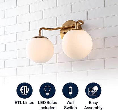 JONATHAN Y JYL3535A Louis Parisian Globe 15" 2-Light Metal/Frosted Glass Modern Contemporary LED Vanity Midcentury Glam 2700K LED 4W Bulbs Entryway Lobby Kitchen Bathroom Bedroom Hallway, Brass Gold
