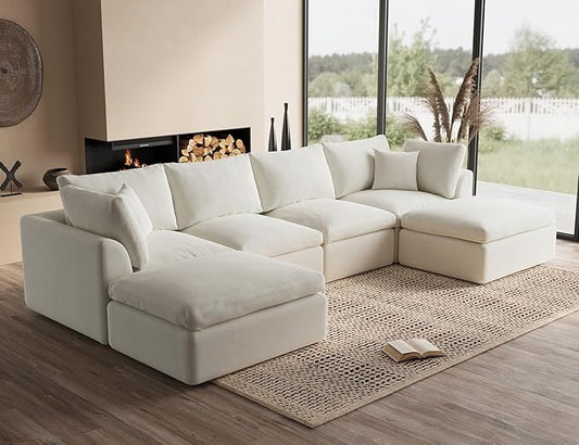 Oversized Cloud Sectional Couches for Living Room, Boneless U Shaped Couch with Ottoman, 4 Seater Modular Sectional Sofa, Warm White