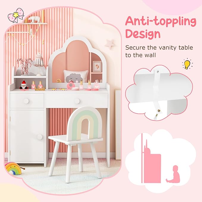 Costzon Kids Vanity, 2 in 1 Girls Vanity Set with Mirror, Drawers, Storage Shelf & Cabinet, Makeup Vanity Desk Dressing Table, Kids Vanity Table and Chair Set for Little Girls (White)