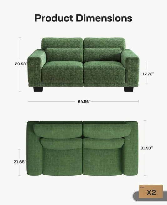 Marsail Modern 65 Inch Linen Fabric Sofa, 2-Seater Couch with Wide Armrests, Deep Cushions & Removable Washable Covers, Comfortable Living Room Furniture, Green