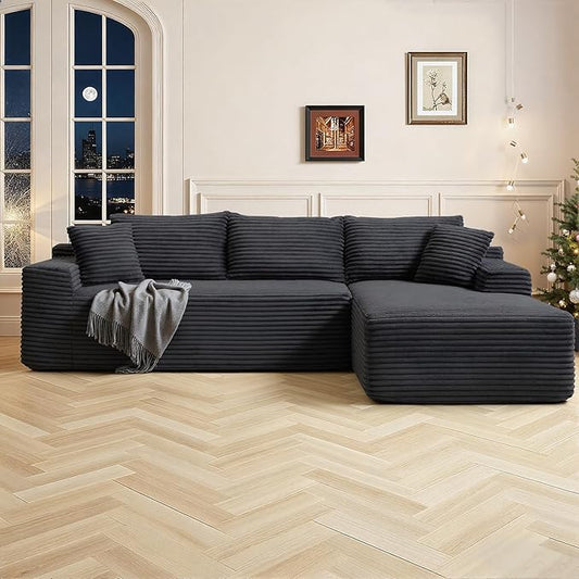 95 Inch Cloud Sectional Couch,Modular Sectional Sofa with Deep Seat,Modern Corduroy Boneless Couches with L-Shape Chaise for Living Room Bedroom,No Assembly Required (Black, Right Facing Chaise)