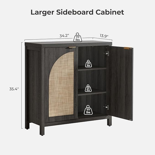 SICOTAS 102"W Rattan Sideboard Buffet Cabinet Set of 3, Modern Credenza Storage Cabinet with Arch Doors & Shelves, Boho Coffee Bar Media Console Cabinets for Kitchen, Living Room, Entryway, Black Oak
