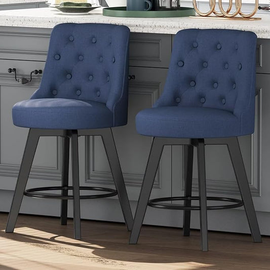 MINCETA Set of 2 Upholstered Bar Stools - 26 Inch Swivel Counter Height Stools with Low Tufted Back, Footrest & Performance Fabric - Round Seat for Kitchen Island & Home Bar Blue