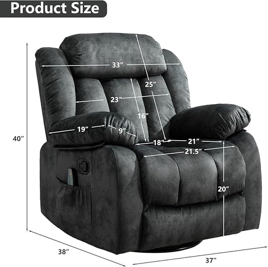 CANMOV Massage Swivel Rocker Recliner Chair with Heat and Vibration, 360 Degree Swivel Manual Recliners Antiskid Fabric Single Sofa Heavy Duty Reclining Chair for Living Room, Grey Green