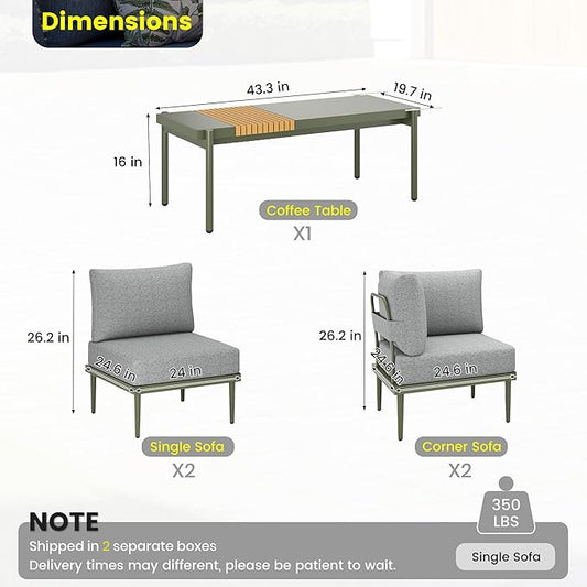 Sundale Outdoor 5 Pieces Metal Patio Furniture Set, Outdoor Sectional Sofa w/6 Inch Olefin Cushion and Coffee Table, Modern Outdoor Conversation Sets (4 Seats, Green Frame)