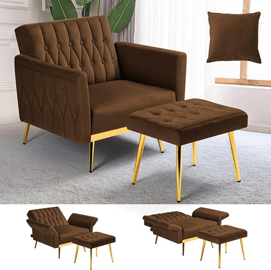 Velvet Accent Chair with Adjustable Armrests and Backrest, Button Tufted Lounge Chair, Single Recliner Armchair with Ottoman and Pillow for Living Room, Bedroom, Brown