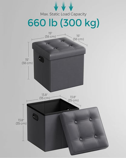 SONGMICS Mazie Collection - 15 Inches Ottoman with Storage, Footstool, Storage Ottoman with Metal Grommet Handles, Load 660 lb, for Dorm, Living Room, Bedroom, Synthetic Leather, Dark Gray ULSF030G01