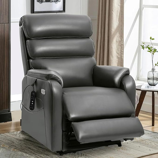EONIX Dual Motor Lay Flat Power Lift Recliner Chair for Elderly, Breathable Faux Leather Electric Lift Chairs for Adults, 400lbs Heavy Duty Power Recliner with Heat Massage Charging Ports, Grey