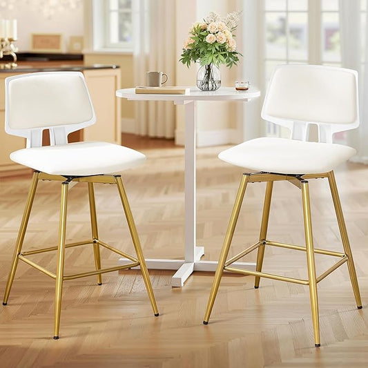 VECELO Swivel Upholstered Bar Stools Set of 2, Counter Height Barstools with Back, Metal Legs, 35.2-Inch Tall Barstools for Kitchen Island, Home Bar, Cafe, White