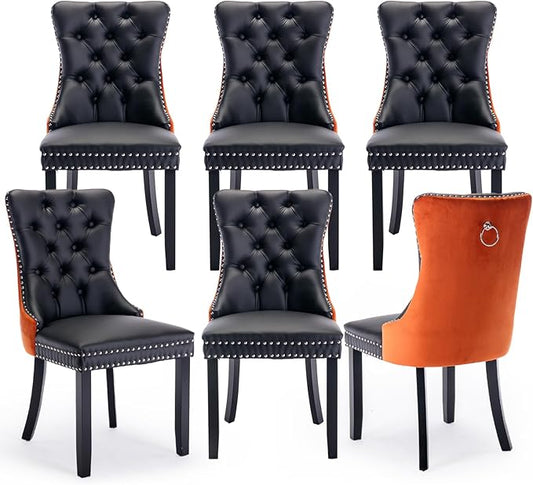 PU Upholstered Dining Chairs Set of 6, Modern Style Kitchen Side Chairs with Nailhead Trim and Wood Leg, Metal Pulling Ring for Dining Room Living Room(Black&Orange,Set of 6)