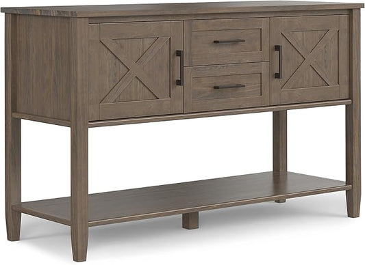 SIMPLIHOME Ela Console Table - 48 Inch Wide Solid Wood Sofa Table in Smoky Brown, Transitional Storage for Entryway or Living Room with 2 Drawers, 2 Cabinets, Open Shelf, and X-Panel Doors