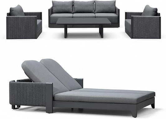 PURPLE LEAF Patio Furniture Set with 2 Person Lounge Chair 7 Pieces Outdoor Conversation Sets PP Rope Patio Sofa with Cushions and Table Deep Seating Furniture for Porch Lawn Backyard Gray