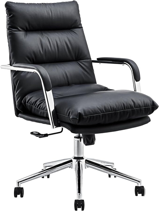 Leather Home Office Desk Chair, Executive Comfy Desk Chair with Support Armrests, Swivel Wheels, Height Adjustable, Mid Back, 360 Swivel, Computer Chair for Office Room, Black