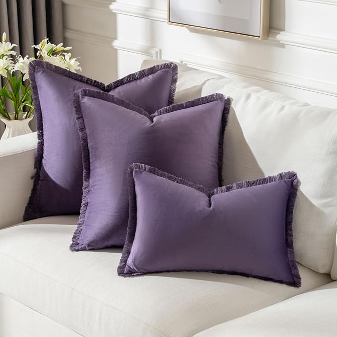 FUTEI Eggplant Purple Velvet Decorative Throw Pillow Covers 12x20 Set of 2,Soft Cozy Edge with Tassels Lumbar Pillow Cases,Boho Modern Home Decor for Couch Bed Living Room