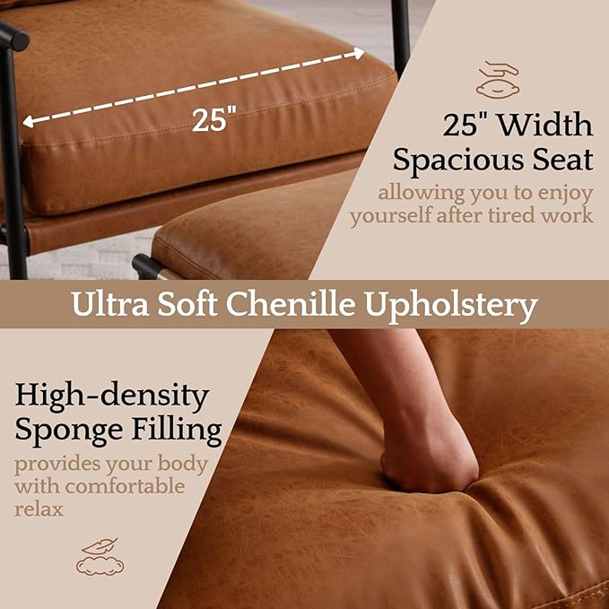 LukeAlon Mid-Century PU Leather Accent Chair with Ottoman, Soft Living Room Chair with Metal Legs Wood Arms Modern Upholstered Lounge Chair Leisure Chair with Footstool for Bedroom Reading Room, Brown