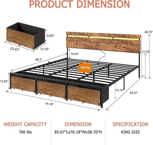 Forestell King Size Bed Frame with Wood Headboard, Metal Platform Bed with 3 Storage Drawers & Shelf, Built-in Charging Station & LED Lights, No Box Spring Needed, Vintage Brown, Camas King
