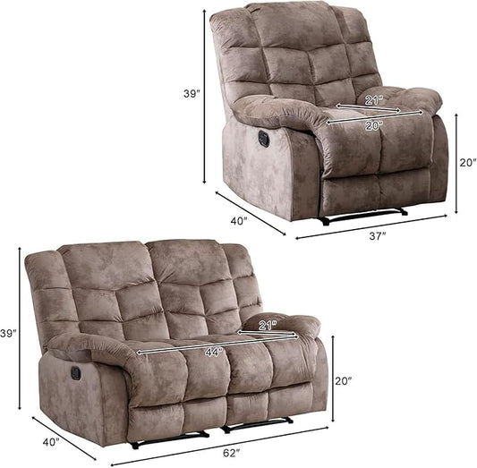 EBELLO Manual Recliner Couch Set, Soft Fabric Reclining Living Room Set, Included Single Recliner Chair and Loveseat Sofa, Light Brown