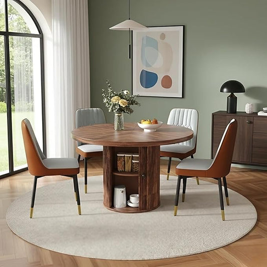 5 Piece Dining Table Set with Two Storage, 47" Round Dining Table Set for 4 with PU Leather Chairs, Round Kitchen Table and Chairs for 4 with 1.7” Thick Wood Top, Roman Column Pedestal, Space-Saving