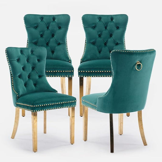 Velvet Upholstered Dining Chairs Set of 4, Modern Style Kitchen Side Chairs with Nailhead Trim and Gold Plated Leg, Metal Pulling Ring for Dining Room Living Room(Green,Set of 4)